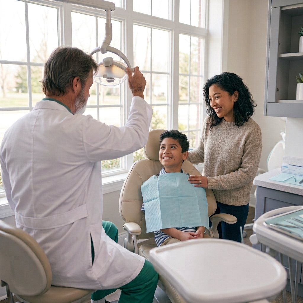 Child and mother talking with dentist