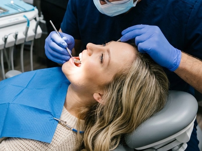 Woman getting dental work done by a dentist