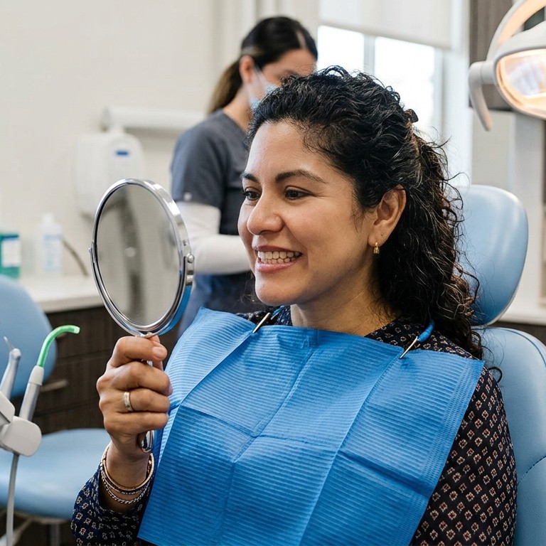 A woman happily examining her teeth